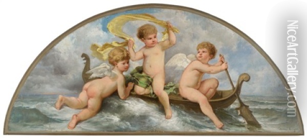 Trois Amours Sur Une Barque Oil Painting - Theodore Levigne