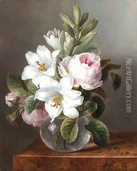 Roses and Lilies in a glass Vase Oil Painting - Dutch School