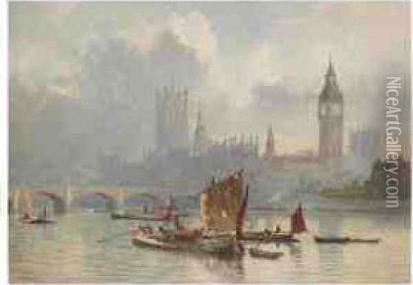 Barges In Front Of The House Of Parliament Oil Painting - Lucius Richard O'Brien