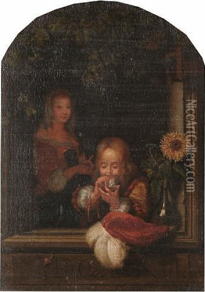 After Willem Van Mieris, 19th Century A Young Boy At A Window Blowing Bubbles Oil Painting - Willem van Mieris