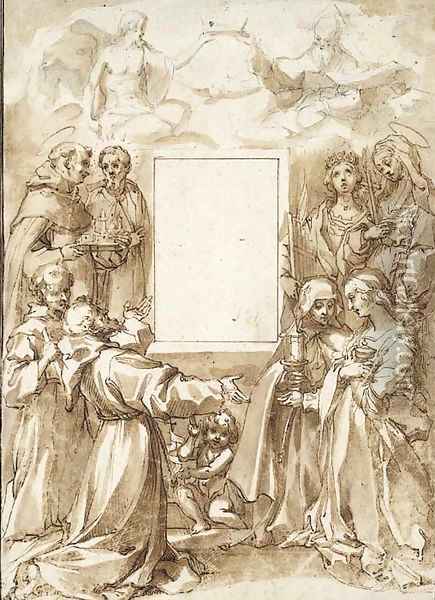 Design For An Altarpiece Eight Saints And The Holy Trinity Surrounding The Empty Frame Of An Early Image Of The Virgin Oil Painting - Francesco Vanni