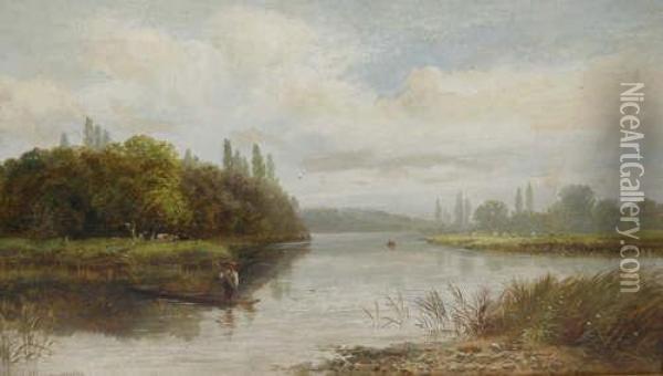 River Landscape With Figures On A Punt, And Thecompanion Picture One Signed Lower Left Oil Painting - Charles Branscombe