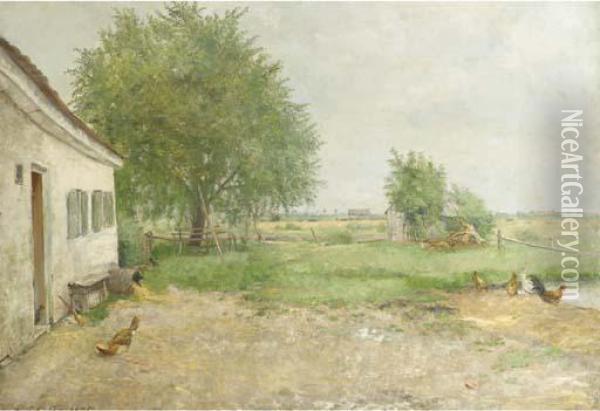 A Farmyard In An Extensive Landscape Oil Painting - Adolf Glatte