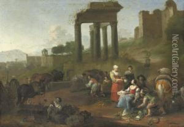 A Market Place Amongst Ancient Ruins Oil Painting - Hendrick Mommers