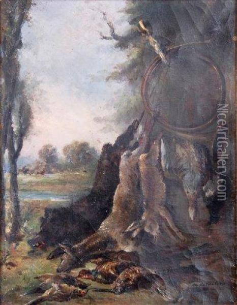 Nature Morte Au Gibier Et Trompe De Chasse. Oil Painting - Auguste Molin