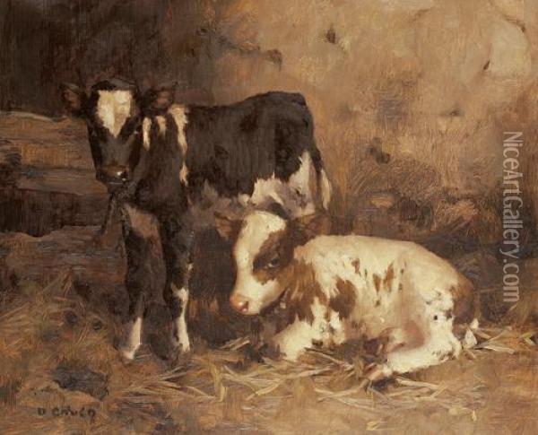 Two Calves In A Byre Oil Painting - David Gauld