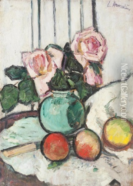 Still Life, Pink Roses And Fruit Oil Painting - George Leslie Hunter