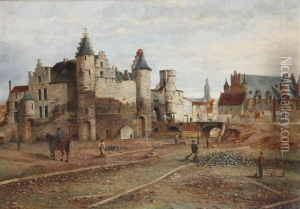 La Reconstruction Du Chateau-fort Steen A Anvers Oil Painting - Jan-Jacob Croegart-Van Bree