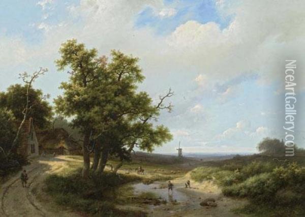 Reisende In Einer Sommerlandschaft. 1856. Oil Painting - Marianus Adrianus Koekkoek