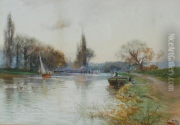 River Landscape With Figures And Boats Oil Painting - Henry Charles Fox