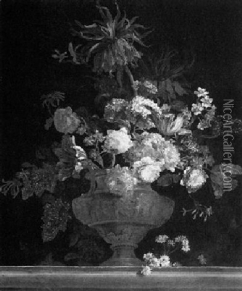 Still Life Of Flowers In A Gilt Urn On A Stone Ledge Oil Painting - Jean-Baptiste Monnoyer