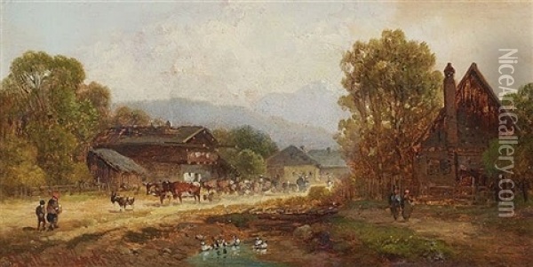 Cattle Drive In A Small Village Oil Painting - Anton Doll