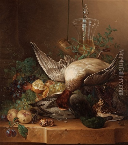 Still Life With Ducks, Fruits And A Glass Trophy Oil Painting - Hendrik Jan Hein