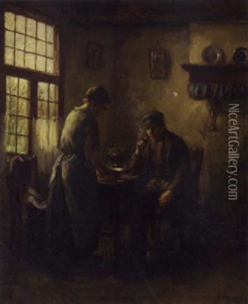 Peasants In A Kitchen Interior Oil Painting - Baruch Lopes de Leao Laguna