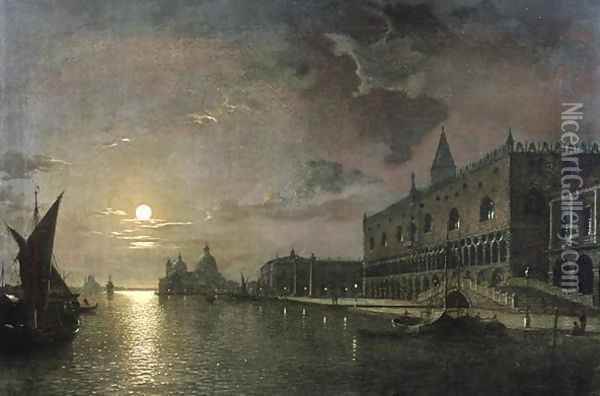 Moonlit View Of The Bacino Di San Marco, Venice, With The Doges Palace Oil Painting - Henry Pether