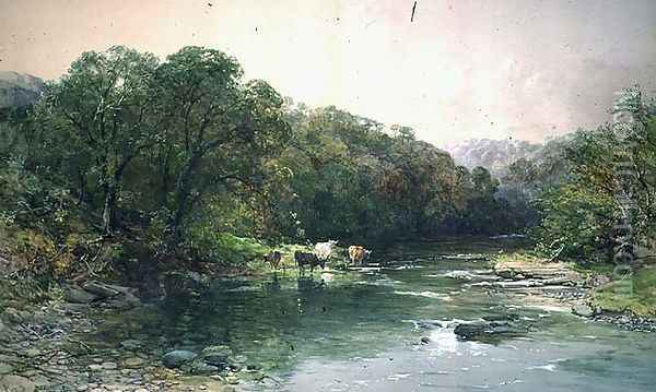 On the Dee, North Wales- Cattle Drinking Oil Painting - Charles Branwhite
