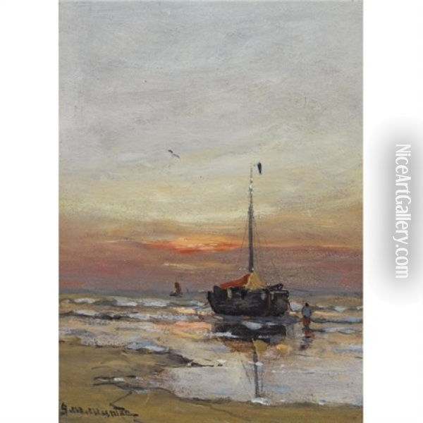 A Bomschuit In The Breakers At Sunset Oil Painting - Gerhard Arij Ludwig Morgenstjerne Munthe