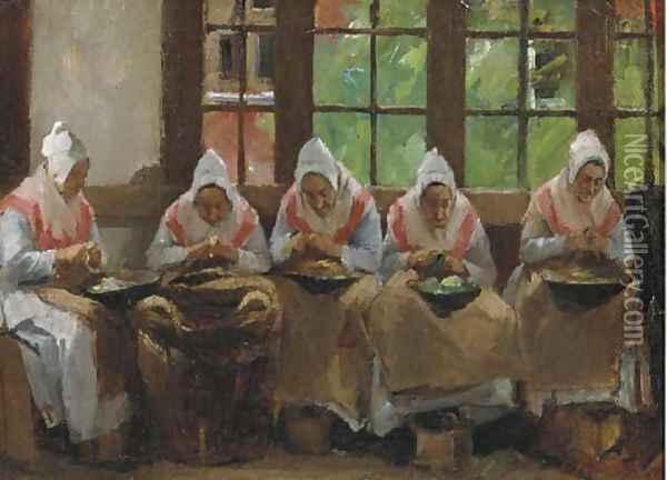 Peeling potatoes at the Joodse Oudeliedengesticht in the Nieuwe Kerkstraat, Amsterdam Oil Painting - Eduard Frankfort