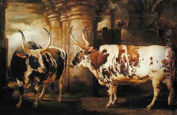 Portraits of two extraordinary oxen, the property of the Earl of Powis, 1814 Oil Painting - James Ward