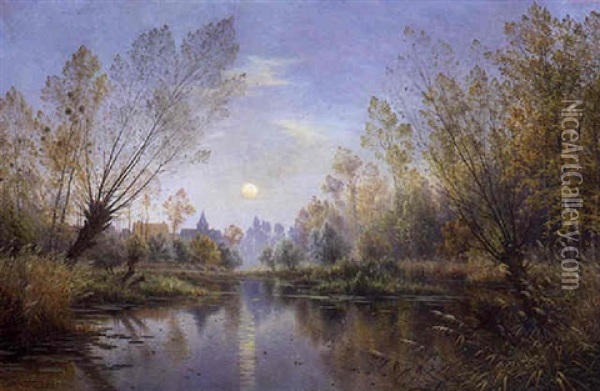 Soir D'automne (champagne) - Lever De Lune Sur La Suippe Oil Painting - Armand Guery