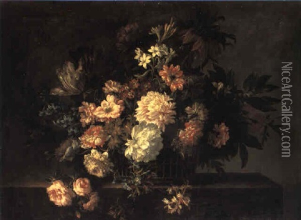 Still Life Of Flowers In Basket On Ledge Oil Painting - Jean-Baptiste Monnoyer