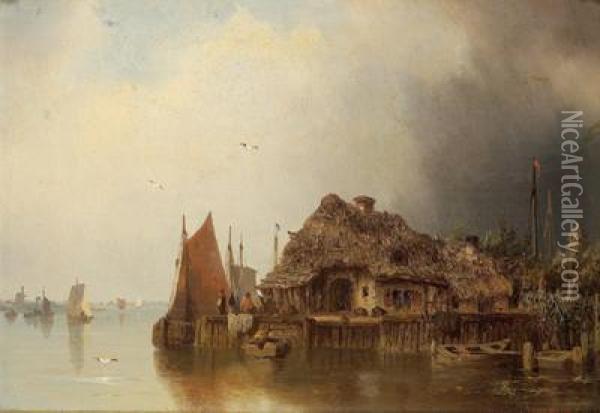 Red Roofed House On The Water Oil Painting - Heinrich, Hermann Johann