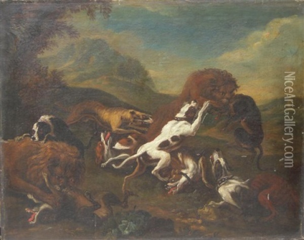Lion Attaque Par Des Chiens Oil Painting - Carl Borromaus Andreas Ruthart