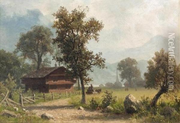 Sommerliche Landschaft Mit Bauernhaus. Oil Painting - Albert Bierstadt