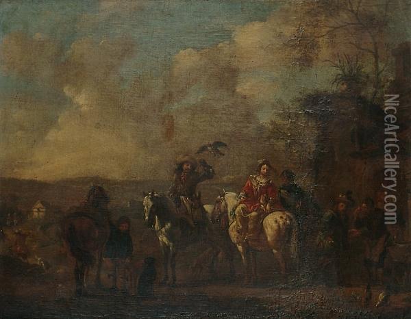 An Elegant Company Departing For The Hunt Oil Painting - Pieter Wouwermans or Wouwerman