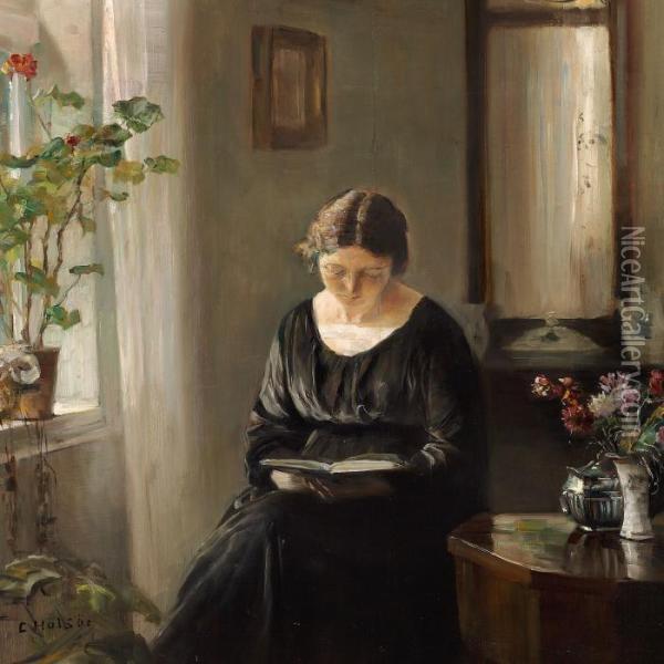 Interior With The Artist's Wife Reading At The Window Oil Painting - Carl Vilhelm Holsoe