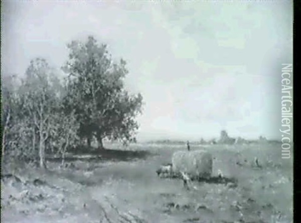 Heuernte Unter Weissblauem Himmel Im Vorgebirge, In Der     Linken Bildhalfte Baumgruppe. Oil Painting - Otto Paul Seltzer