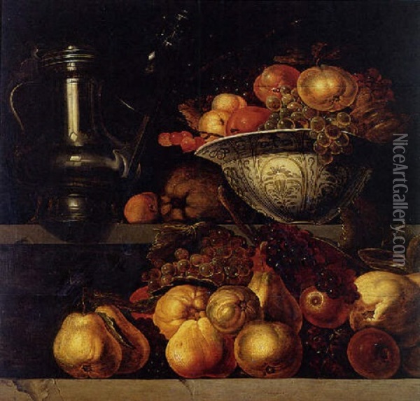 Still Life Of Fruit Resting On A Ledge, With A Wan-li Porcelain Bowl Filled With Fruit And A Pewter Jug Resting On A Ledge Above Oil Painting - Jan Davidsz De Heem