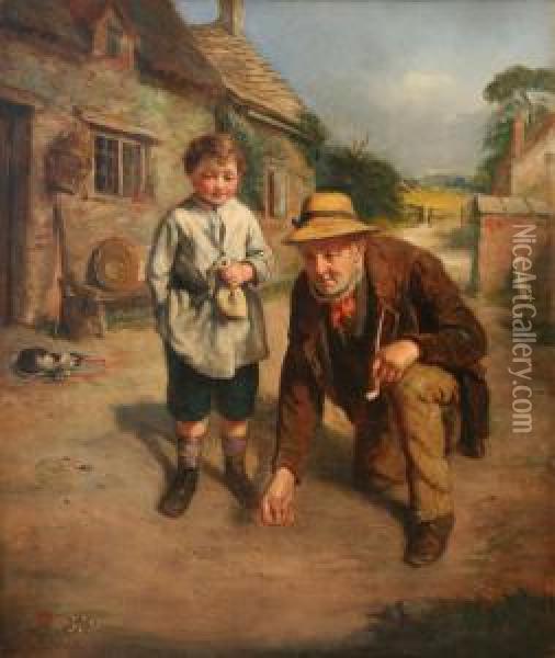 Man And Boy Playing Marbles Outside A Cottage Near A Sleeping Cat Oil Painting - John Wells Smith
