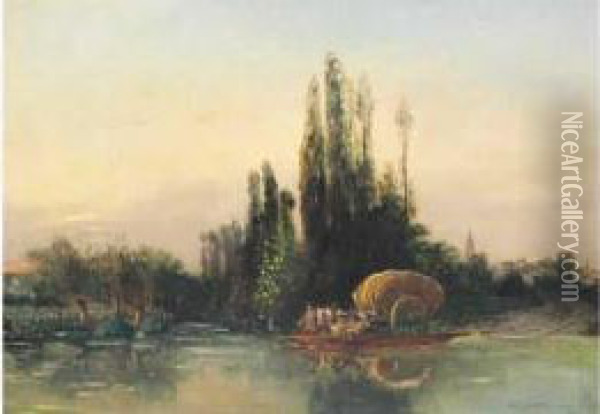 La Charrette De Foins, Au Passage Du Bac Oil Painting - Theophile Victor Emile Lemmens