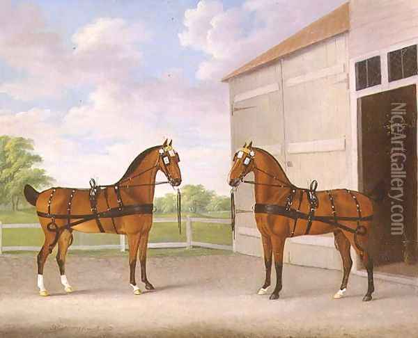 A Pair of Bay Carriage Horses in a Stable Yard, 1784 Oil Painting - John Nost Sartorius