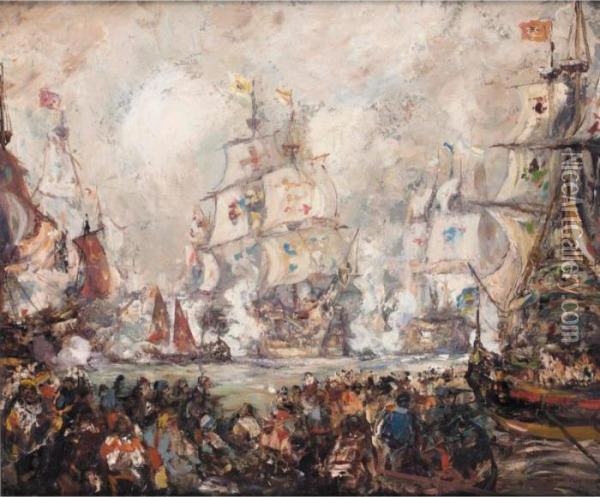 The Naval Engagement Oil Painting - James Kay