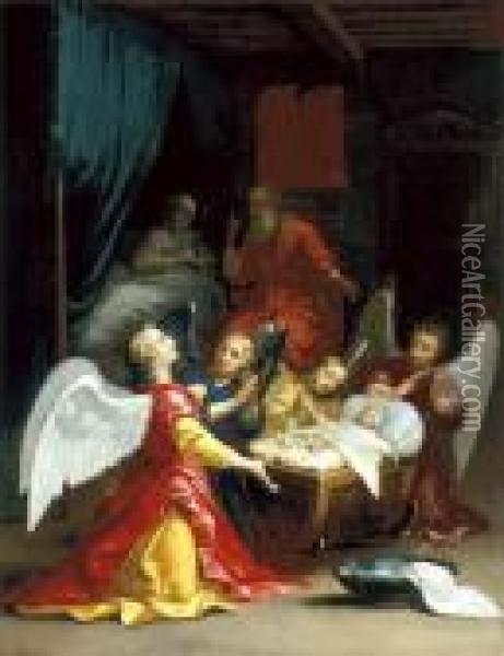 The Birth Of The Virgin With Adoring Angels Oil Painting - Jacques De Stella
