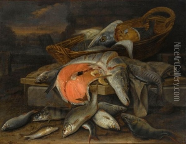 A Still Life With A Pike, A Piece Of Salmon In A Basket, Together With Perches And Other Fresh-water Fish All On Different Ledges Oil Painting - Jakob Gillig
