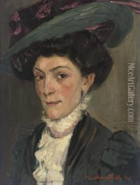 Portrait Of A Lady, Bust-length, In A Plumed Hat Oil Painting - Konrad Von Kardorff