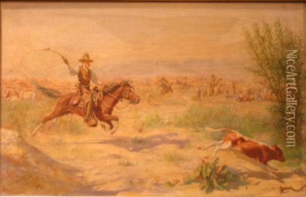 (i) The Round-up, Near The Rio Grande - Mexico Oil Painting - Charles Brinton Cox