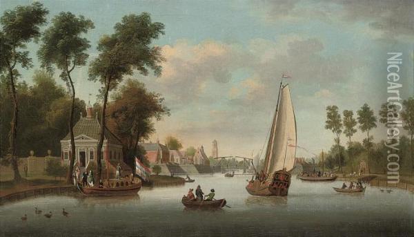 A River Landscape With Shipping By A Customs House On The Outskirtsof A Town Oil Painting - Jacobus Storck