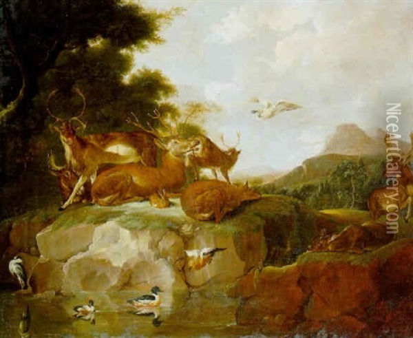 Animals Resting On A Bank, A Porcupine In A Gully And Ducks And A Heron In A Pond Oil Painting - Carl Borromaus Andreas Ruthart