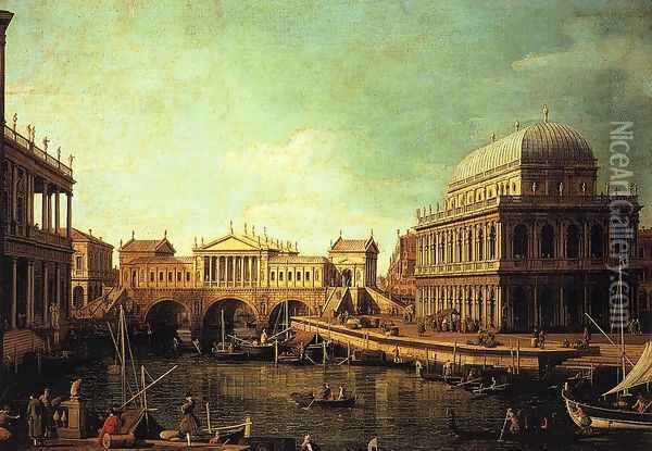 Basilica di Vecenza and the Ponte de Rialto Oil Painting - (Giovanni Antonio Canal) Canaletto