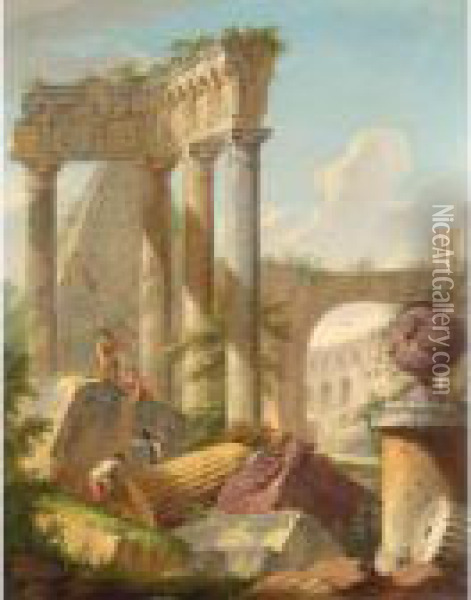 An Architectural Capriccio With Stonemasons On Classical Ruins Oil Painting - Giovanni Niccolo Servandoni