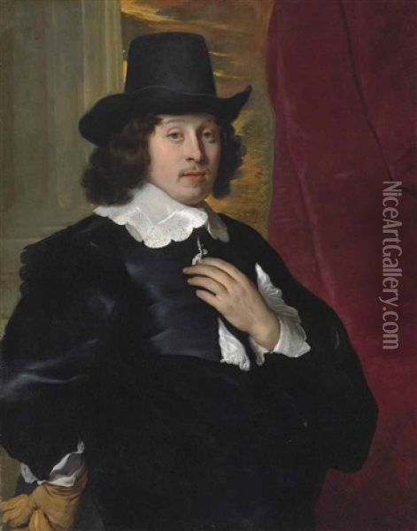 Portrait Of A Gentleman, In A Black Coat With A White Collar And Cuffs, Wearing A Black Hat, A Glove In His Right Hand, Before A Column And A Red Curtain Oil Painting - Jacob Adriaensz de Backer