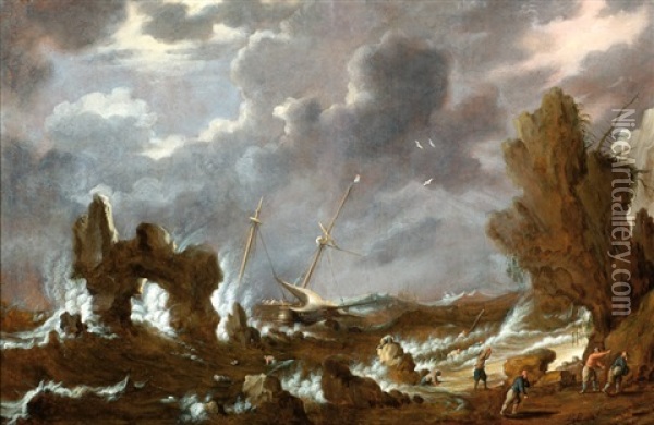 A Three-masted Ship In Front Of A Rocky Coast During A Storm Oil Painting - Bonaventura Peeters the Elder