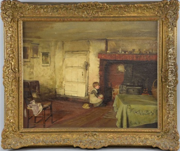 Victorian Cottage Interior With A Child Gazing At A Kitchen Stove Oil Painting - Thomas Benjamin Kennington
