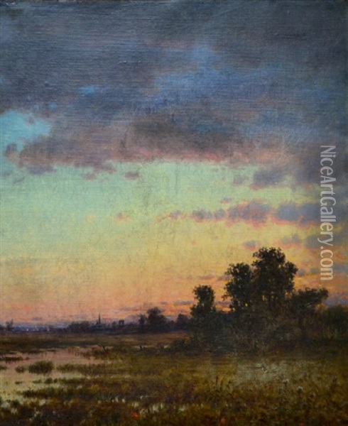Back Bay Marshes With View Of North Church Steeple, Boston Oil Painting - John Joseph Enneking
