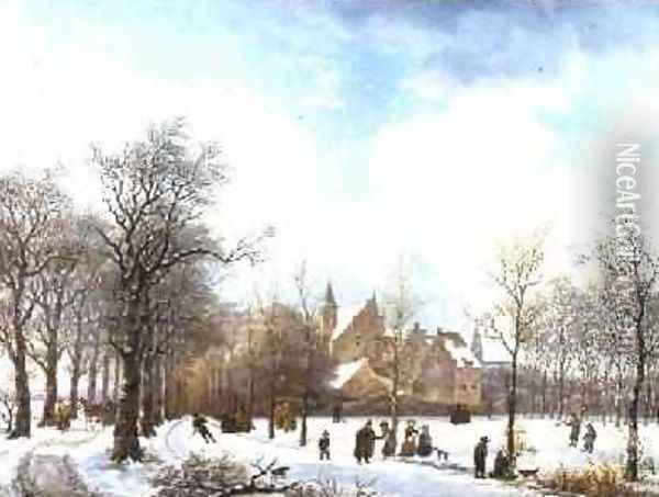 Skaters in a Winter Landscape 1830 Oil Painting - Anthony Jacob Offermans