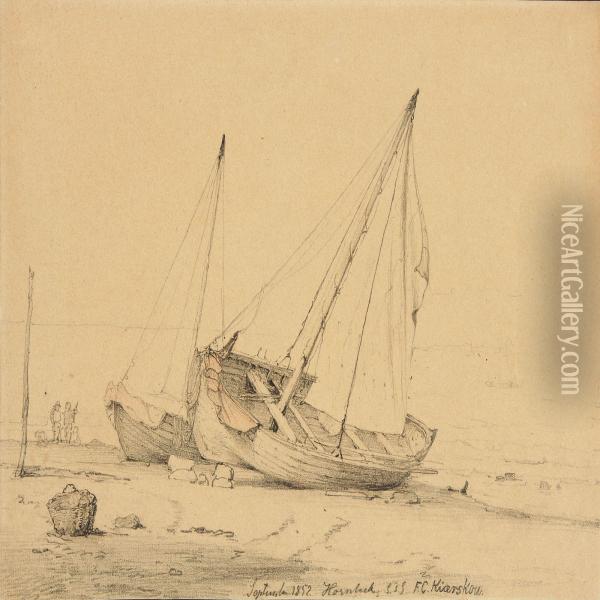 Fishing Boats On The Beach Oil Painting - F. C. Kiaerskou